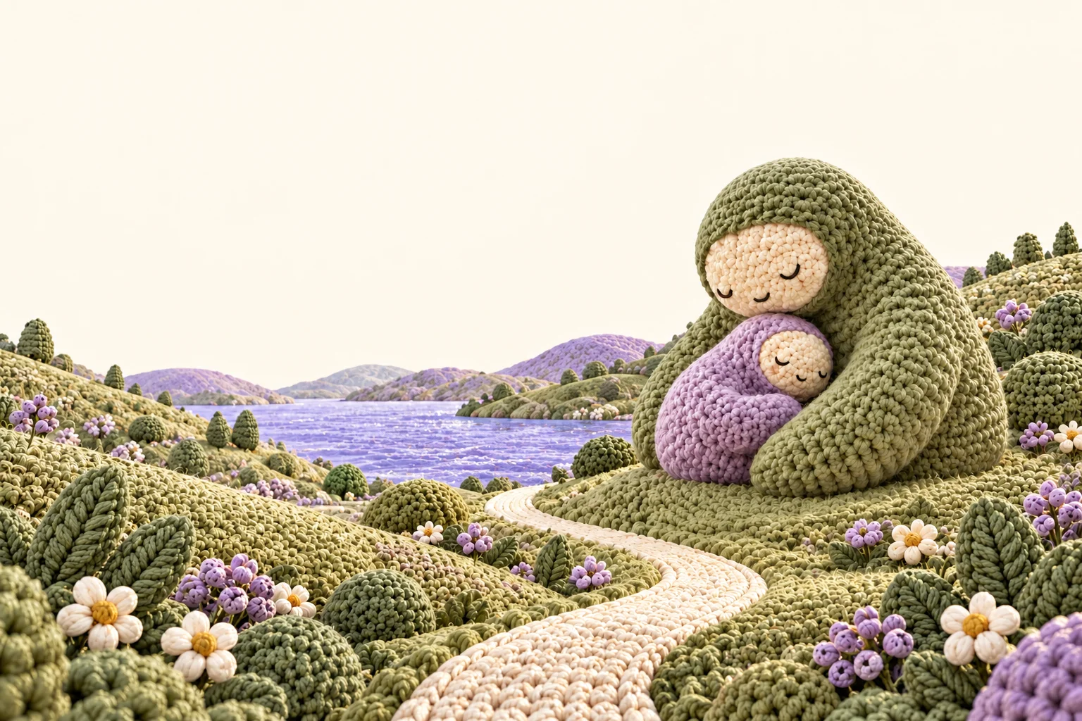 A sage crochet parent cradles a sleeping lilac baby on grassy hills beside a winding path and a lavender lake