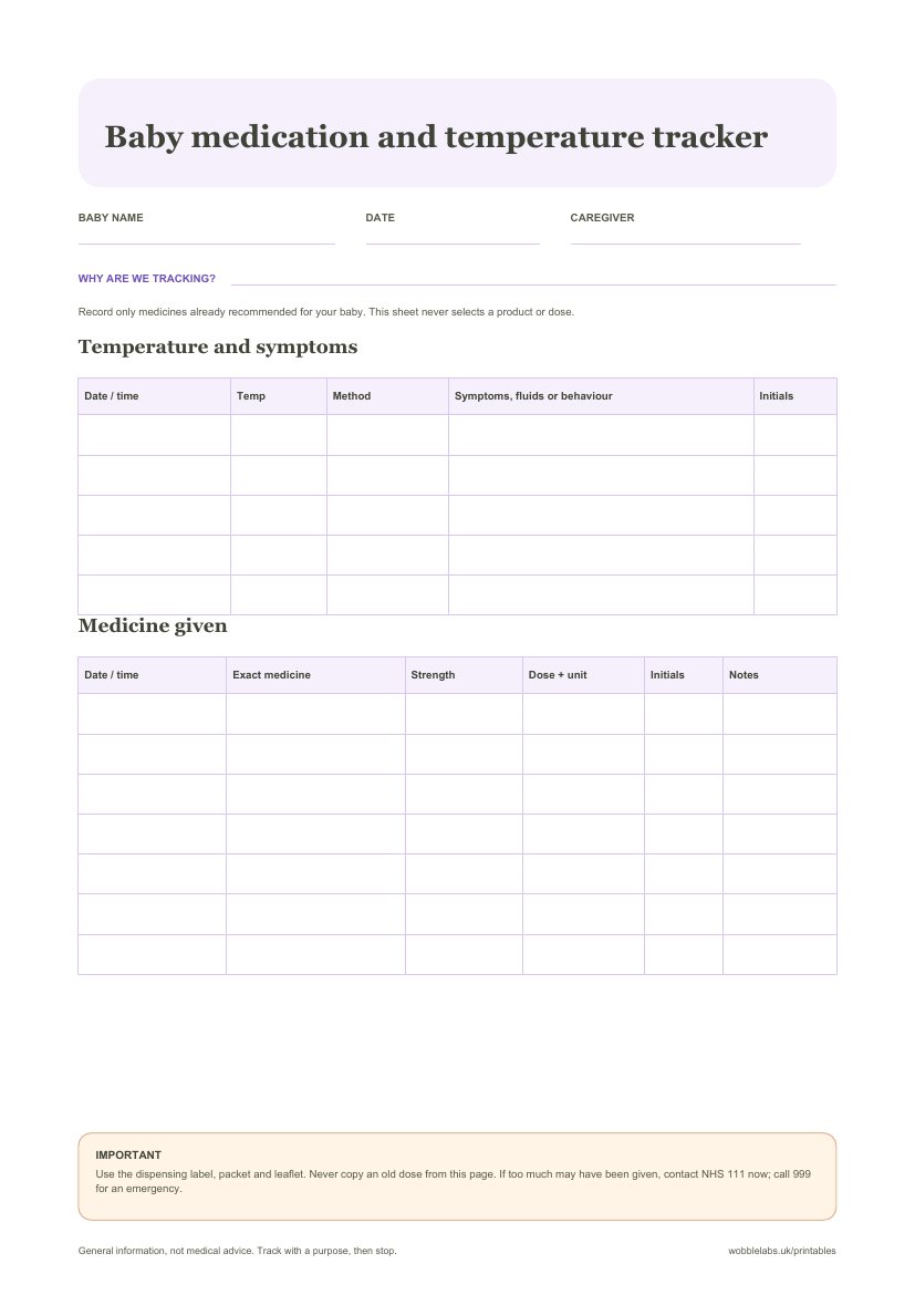 Preview of the Baby medication and temperature tracker printable PDF