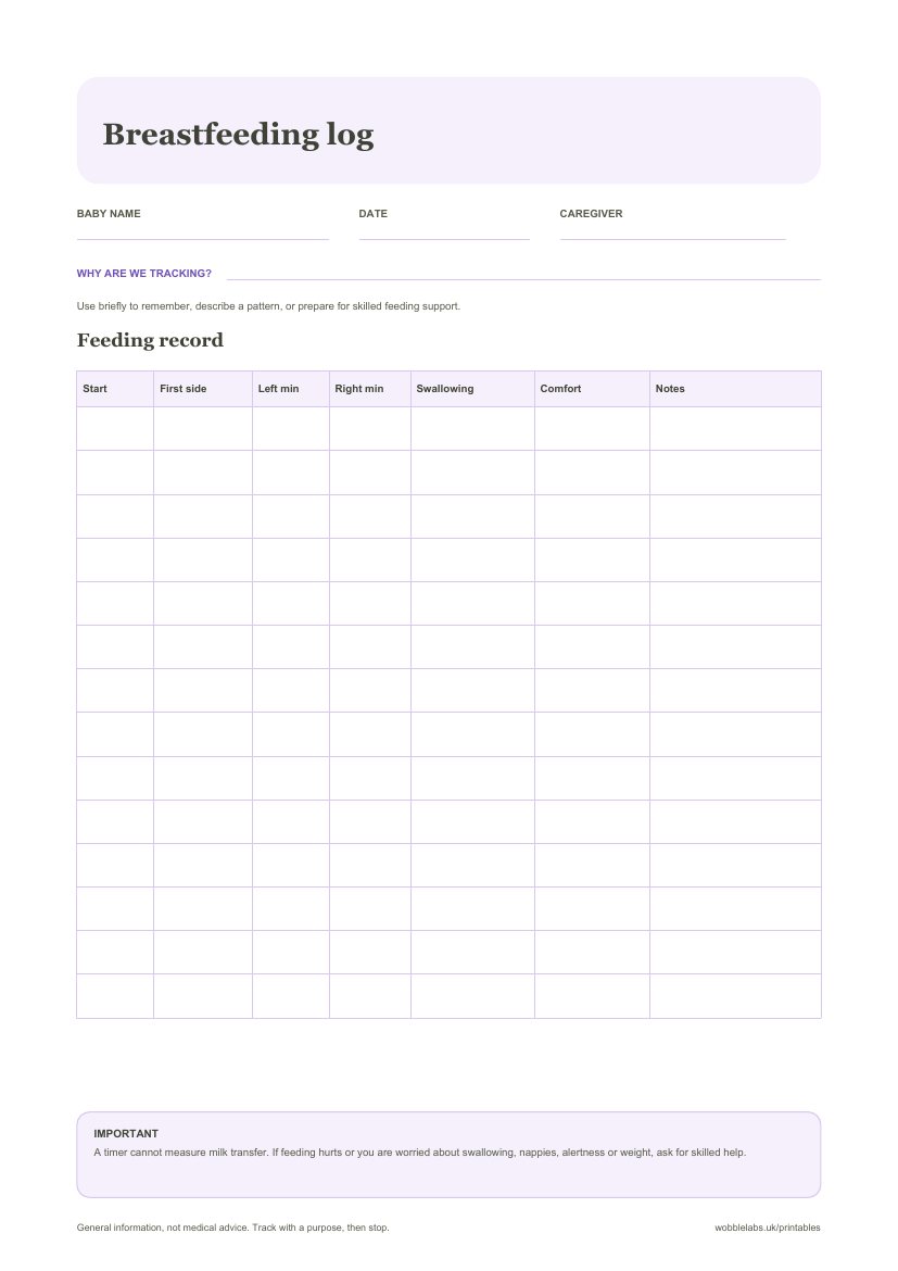 Preview of the Printable breastfeeding log PDF