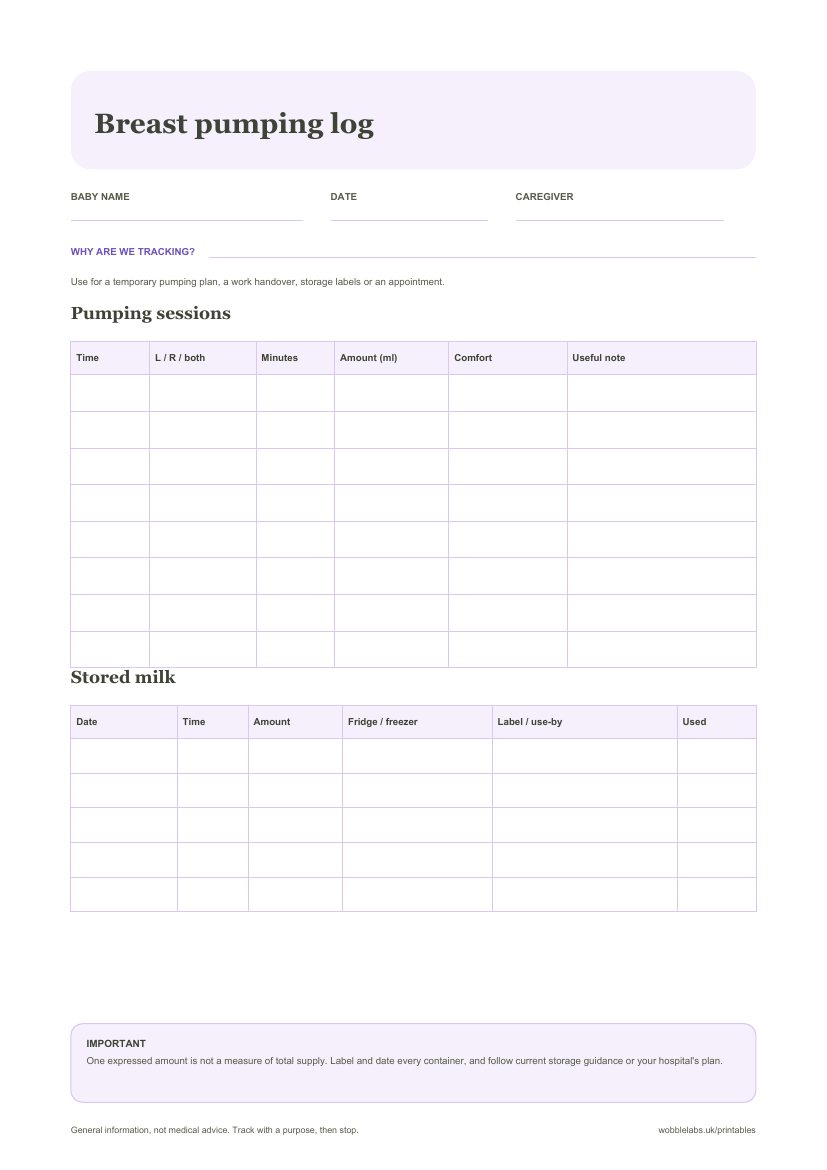 Preview of the Printable breast pumping log PDF
