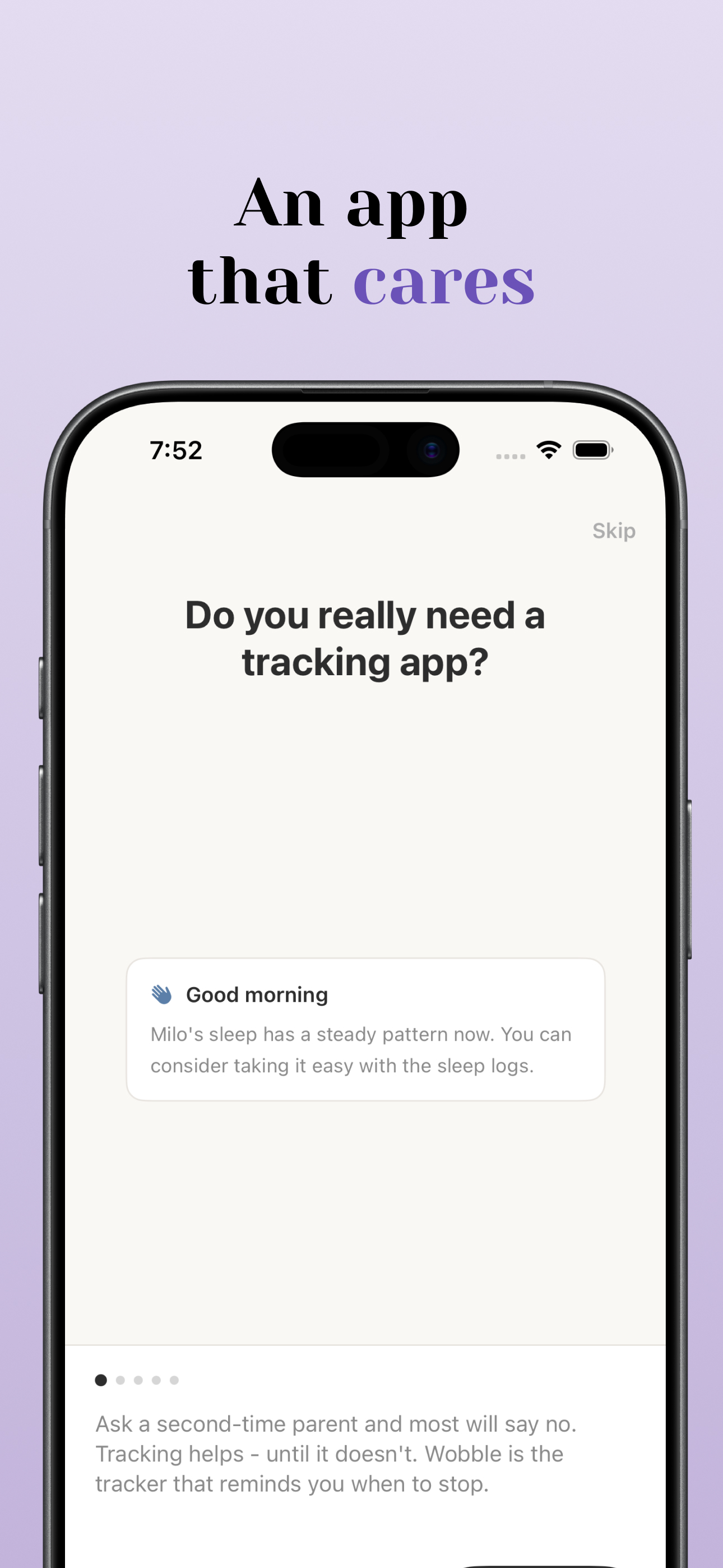 Wobble showing a card that says Milo's sleep has a steady pattern now, so the parent can consider taking it easy with sleep logs